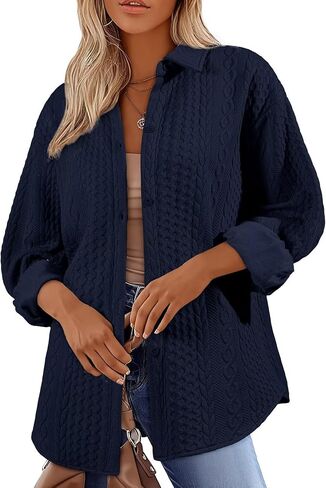 Astylish Women Long Lantern Sleeve Shirts Cable Textured V Neck Button Down Tops Casual Oversized Blouse in Saudi Arabia