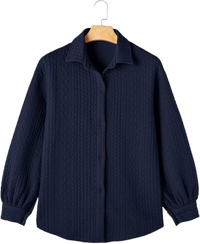 Astylish Women Long Lantern Sleeve Shirts Cable Textured V Neck Button Down Tops Casual Oversized Blouse in Saudi Arabia