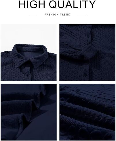 Astylish Women Long Lantern Sleeve Shirts Cable Textured V Neck Button Down Tops Casual Oversized Blouse in Saudi Arabia