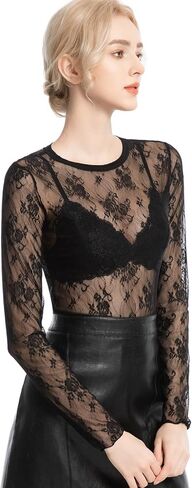 المرأة الطويلة الأكمام الشبكية شبكات مثيرة Crewneck انظر على الرغم من القمصان الدانتيل طبقات شباك السمك أقل in Kuwait
