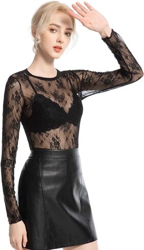 المرأة الطويلة الأكمام الشبكية شبكات مثيرة Crewneck انظر على الرغم من القمصان الدانتيل طبقات شباك السمك أقل in Kuwait