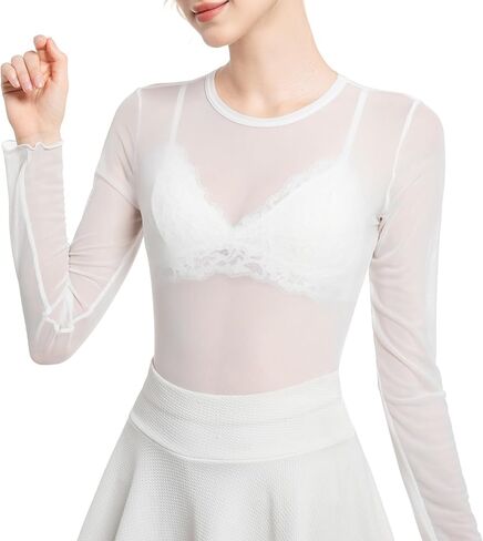 Womens Long Sleeve Sheer Mesh Tops Sexy Crewneck See Though Lace Shirts Layering Fishnet Undershirts Slim Fitted in Kuwait