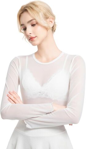 Womens Long Sleeve Sheer Mesh Tops Sexy Crewneck See Though Lace Shirts Layering Fishnet Undershirts Slim Fitted in Kuwait