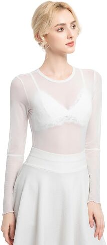 Womens Long Sleeve Sheer Mesh Tops Sexy Crewneck See Though Lace Shirts Layering Fishnet Undershirts Slim Fitted in Kuwait