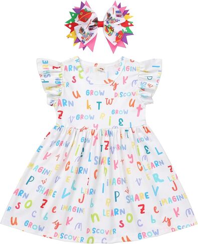 Toddler Girls Back to School Dress Flutter Sleeve Apple Pencil Print Summer Causal Dress with Bowknot Headband in Saudi Arabia