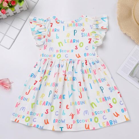 Toddler Girls Back to School Dress Flutter Sleeve Apple Pencil Print Summer Causal Dress with Bowknot Headband in Saudi Arabia