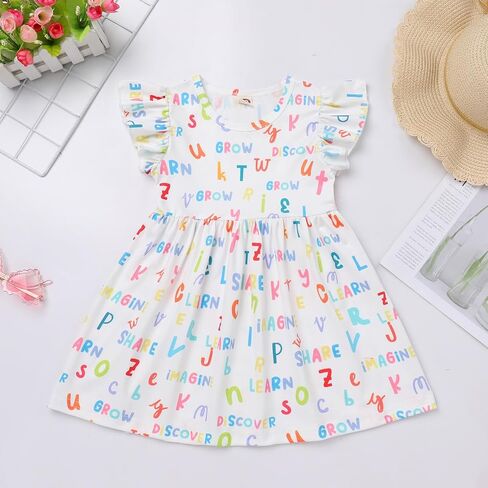 Toddler Girls Back to School Dress Flutter Sleeve Apple Pencil Print Summer Causal Dress with Bowknot Headband in Saudi Arabia
