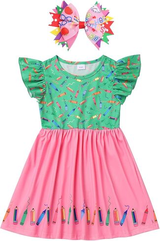 Toddler Girls Back to School Dress Flutter Sleeve Apple Pencil Print Summer Causal Dress with Bowknot Headband in Saudi Arabia