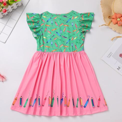 Toddler Girls Back to School Dress Flutter Sleeve Apple Pencil Print Summer Causal Dress with Bowknot Headband in Saudi Arabia