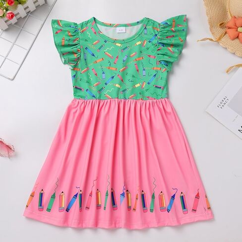 Toddler Girls Back to School Dress Flutter Sleeve Apple Pencil Print Summer Causal Dress with Bowknot Headband in Saudi Arabia