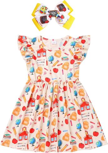 Toddler Girls Back to School Dress Flutter Sleeve Apple Pencil Print Summer Causal Dress with Bowknot Headband in Saudi Arabia