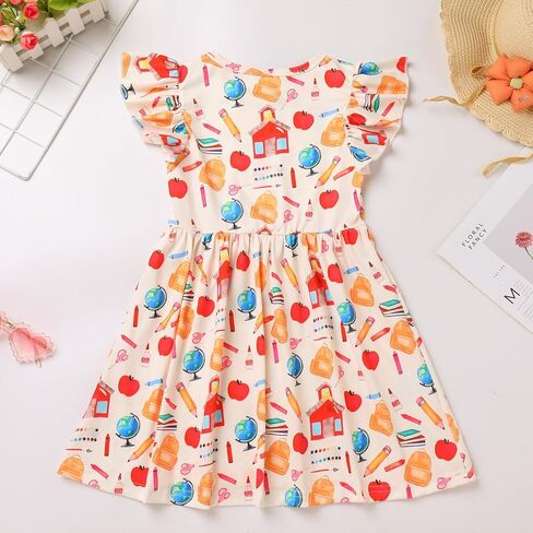 Toddler Girls Back to School Dress Flutter Sleeve Apple Pencil Print Summer Causal Dress with Bowknot Headband in Saudi Arabia
