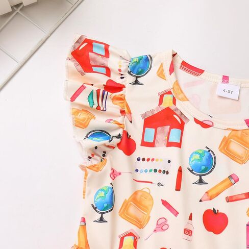 Toddler Girls Back to School Dress Flutter Sleeve Apple Pencil Print Summer Causal Dress with Bowknot Headband in Saudi Arabia