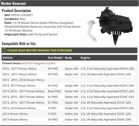 Windshield Washer Fluid Reservoir Tank Assembly - with Pump and Sensor- Compatible with 2013-2018 Nissan Altima Sedan 4-Door in Saudi Arabia