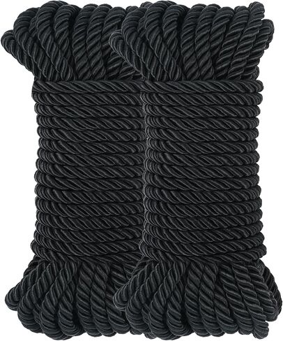 Silky Soft Rope - 8mm Thick Braided Cord, Skin-Friendly & Durable Twisted Braided Nylon Ropes, Satin Smooth Finish for Multipurpose Use, Includes Storage Bag (32ft x 2 Black) in Saudi Arabia