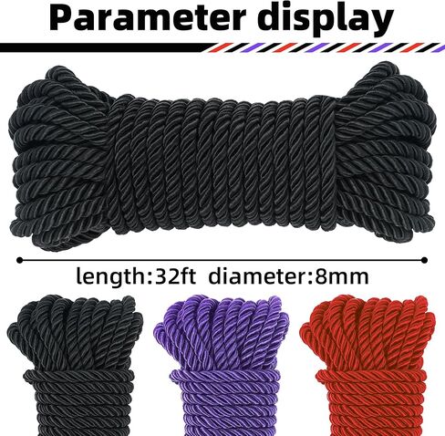 Silky Soft Rope - 8mm Thick Braided Cord, Skin-Friendly & Durable Twisted Braided Nylon Ropes, Satin Smooth Finish for Multipurpose Use, Includes Storage Bag (32ft x 2 Black) in Saudi Arabia