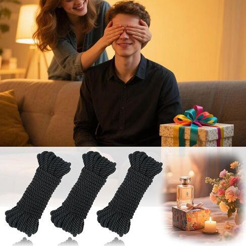 Silky Soft Rope - 8mm Thick Braided Cord, Skin-Friendly & Durable Twisted Braided Nylon Ropes, Satin Smooth Finish for Multipurpose Use, Includes Storage Bag (32ft x 2 Black) in Saudi Arabia