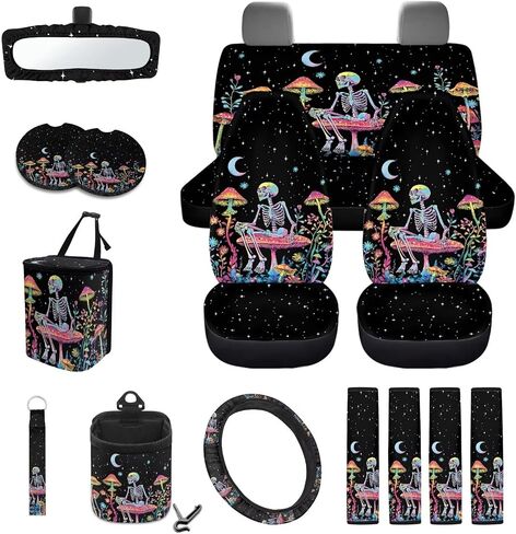 Bat Print 15Pcs Car Seat Covers Full Set High Back Bucket Seat Covers with Steering Wheel Cover Safety Belt Pads Inside Rearview Mirror Cover Car Air Vent Organizer, Purple in Saudi Arabia
