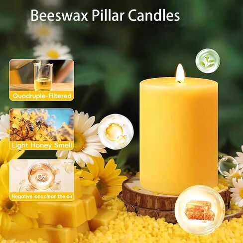 3 Pack Beeswax Pillar Candles, 2x4 inches Unscented Candles, 110 Hours Long Burning Smokeless & Dripless Pillar Candle for Home in Saudi Arabia