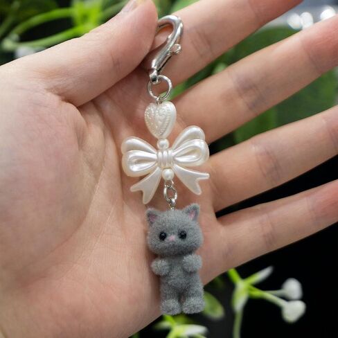 Cute Cat Keychain, Kawaii Kitty Cat Bag Charm with Heart Bow Pendant, Keychain for Cat Lovers, Cute Gifts for Women and Girls, Y2K Style Cat Keychain for Keys, Bags, and More(Gray) in Kuwait