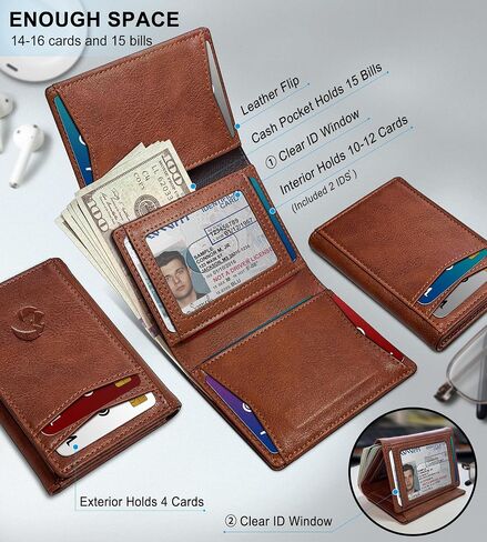 محفظة من الجلد الثلاثي للرجال ، مع نافذة ID Cash Pocket 2 14-16 بطاقات الإغلاق المغناطيسي Slim Wallet 4.0 "*3.1" in Kuwait
