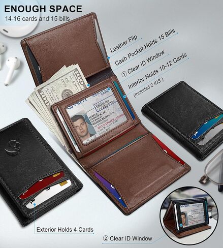 محفظة من الجلد الثلاثي للرجال ، مع نافذة ID Cash Pocket 2 14-16 بطاقات الإغلاق المغناطيسي Slim Wallet 4.0 "*3.1" in Kuwait