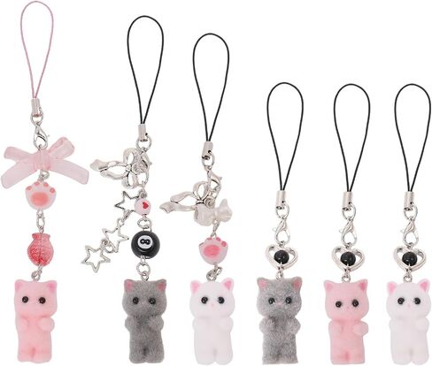 6pcs Cat Cat Phone Charms Fuzzy Kitty Cat keychain tote keyring لمفاتيح السيارة حقائب اليد على الظهر هدايا سلسلة الهاتف المحمول قلادة in Saudi Arabia