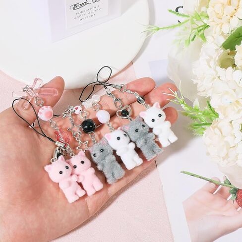 6pcs Cat Cat Phone Charms Fuzzy Kitty Cat keychain tote keyring لمفاتيح السيارة حقائب اليد على الظهر هدايا سلسلة الهاتف المحمول قلادة in Saudi Arabia