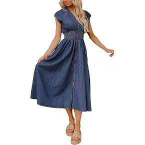 SOMTHRON Women's Sleeveless Denim Midi Dress V Neck Zip Up Smocked Waist A Line Slit Front Long Jean Dress in Saudi Arabia