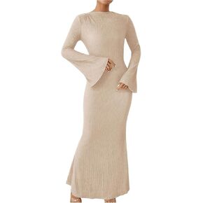 GORGLITTER Women's Bell Long Sleeve Cocktail Maxi Dress Crew Neck Bodycon Fishtail Casual Long Dresses in Saudi Arabia