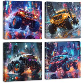 Namoset Monster the Truck Boys Room Decor - Watercolor Cool Truck Canvas Wall Art Cartoon Car Posters Painting Prints for Playroom Men Bedroom Framed Ready to Hang 12"×12"×4 in Saudi Arabia