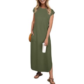 HiMONE Beach Vacation Dresses for Women 2025 Sundress Cap Sleeves Casual Maxi Beach Dress with Pockets XS-2XL in Kuwait