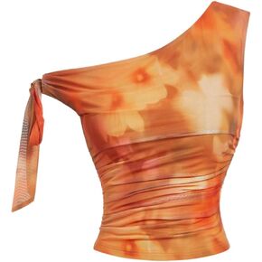 WDIRARA Women's Floral Mesh One Shoulder Crop Top Tie Dye Asymmetrical Sleeveless Tops in Kuwait