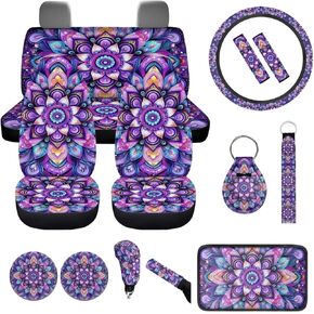 أغطية مقعد Hippie Blossom Lotus للسيارات العالمية لوقت المقعد الخلفي الأمامي مجموعة كاملة 14 PCS Boho Lotus Printbelt حزام الأمان ، وسلاسل المفاتيح الملحقات الداخلية للنساء للنساء in Kuwait
