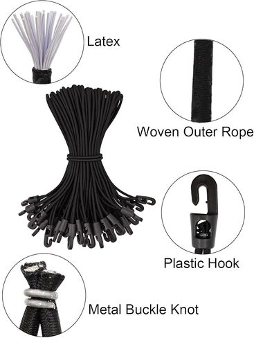 Small Bungee Cords with Hooks 10 Inch - 25 Pcs Short Bungee Cords with Hooks, Adjustable Heavy Duty Tarp Straps Outdoor for Tarp, Canopy, Camping, Tent Poles (Black) in Saudi Arabia