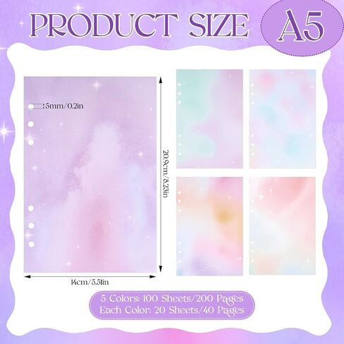 100 Sheets Gradient A5 Refill Papers for Planner Binder Insert, 120GSM Thick Loose Leaf Lined Paper, 6 Hole Notebook Filler Paper for A5 6 Ring Budget Travel Journal Diary Binder, Watercolor in Saudi Arabia