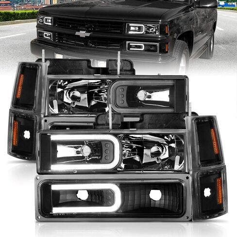 AmeriLite For 1988-1998 Chevy Pickup Truck C/K Suburban Tahoe LED Tube Black Replacement Headlights Halogen Bulb Parking Corner Light Sets - Passenger and Driver Side in Saudi Arabia