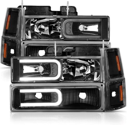 AmeriLite For 1988-1998 Chevy Pickup Truck C/K Suburban Tahoe LED Tube Black Replacement Headlights Halogen Bulb Parking Corner Light Sets - Passenger and Driver Side in Saudi Arabia