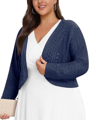 Lastshe Women's Plus Size Shrug Open Front Long Sleeves Cropped Bolero Openwork Dressy Cardigans for Dresses in Kuwait