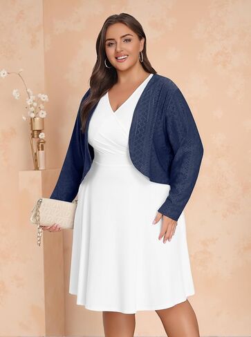 Lastshe Women's Plus Size Shrug Open Front Long Sleeves Cropped Bolero Openwork Dressy Cardigans for Dresses in Kuwait