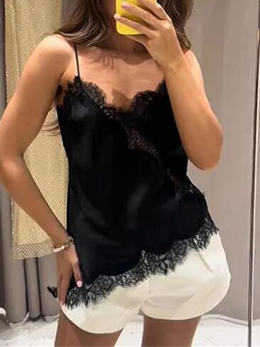 Women’S Casual Solid Lace Spaghetti Strap Top With Patchwork Irregular Hole Decoration in Saudi Arabia