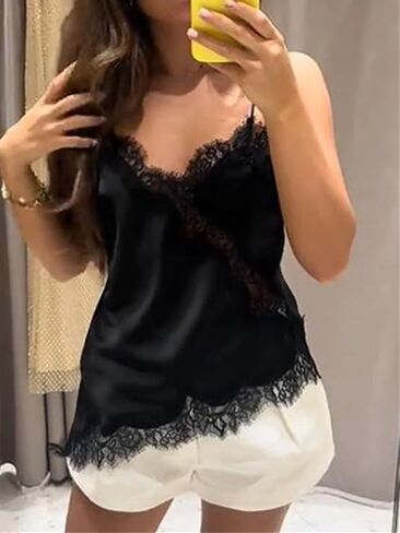 Women’S Casual Solid Lace Spaghetti Strap Top With Patchwork Irregular Hole Decoration in Saudi Arabia
