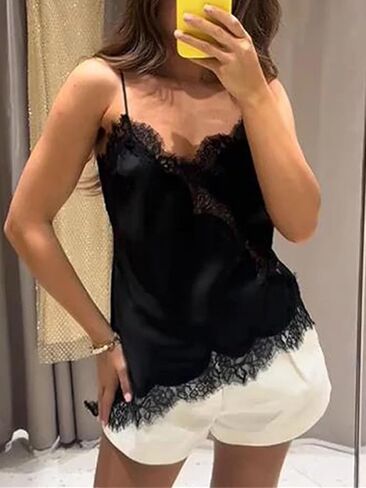 Women’S Casual Solid Lace Spaghetti Strap Top With Patchwork Irregular Hole Decoration in Saudi Arabia