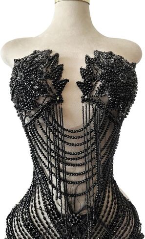 Handmade Sewing Tassel Beads Patches Rhinestones Bodice Applique with Ostrich Feather Decoration Shining Dress Clothing Accessories 17X27.5inches (Champagne) in Kuwait