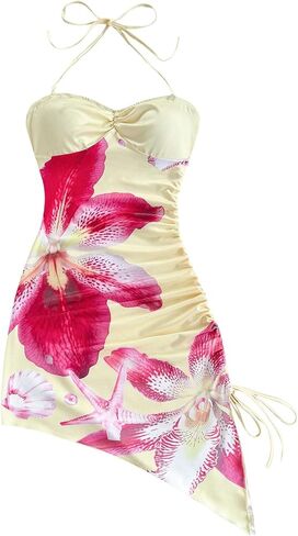 Milumia Women's Floral Halter Mini Dress Tie Backless Drawstring Asymmetrical Hem Short Dresses in Saudi Arabia