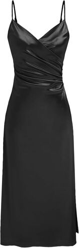 CIDER Womens Satin Dress Sleeveless Spaghetti Strap V Neck Ruched Side Slit Semi Formal Party Club Dresses in Saudi Arabia