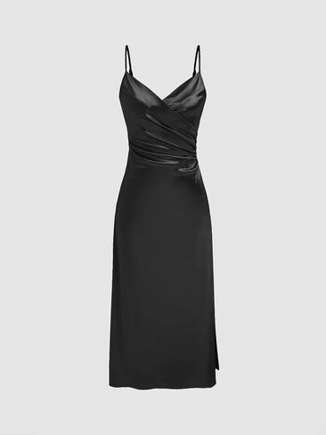 CIDER Womens Satin Dress Sleeveless Spaghetti Strap V Neck Ruched Side Slit Semi Formal Party Club Dresses in Saudi Arabia