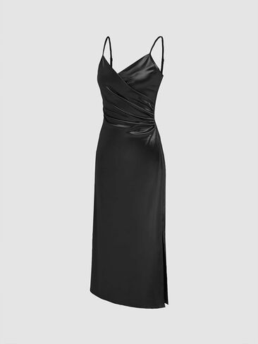 CIDER Womens Satin Dress Sleeveless Spaghetti Strap V Neck Ruched Side Slit Semi Formal Party Club Dresses in Saudi Arabia