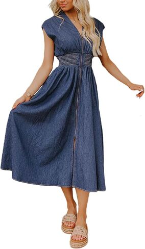 SOMTHRON Women's Sleeveless Denim Midi Dress V Neck Zip Up Smocked Waist A Line Slit Front Long Jean Dress in Saudi Arabia