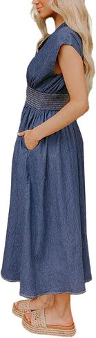 SOMTHRON Women's Sleeveless Denim Midi Dress V Neck Zip Up Smocked Waist A Line Slit Front Long Jean Dress in Saudi Arabia